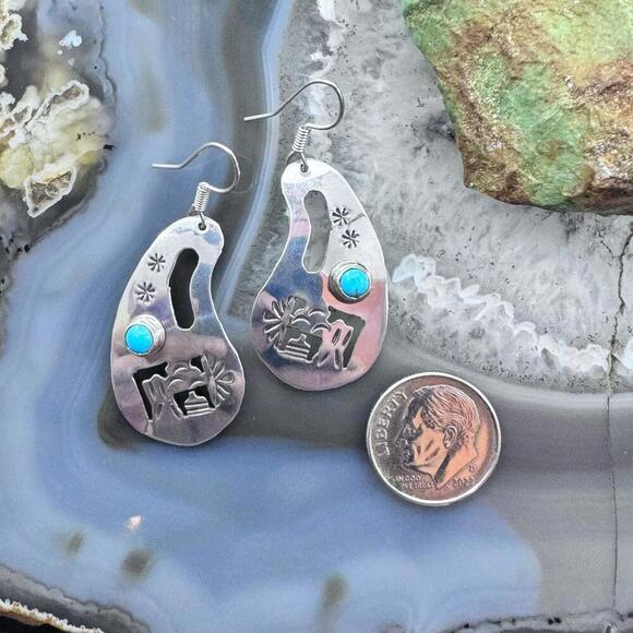 Authentic Vintage Navajo Zuni Sterling Silver Genuine  Native American Sterling Silver Cutout SW Motifs w/Turquoise Dangle Earrings